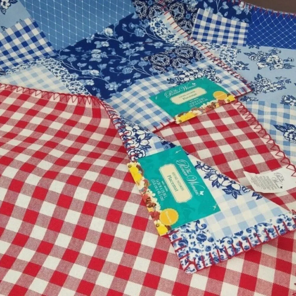 Pioneer Woman Heritage Patchwork Cotton Placemat Reversible Plaid Blue Red 4 PC